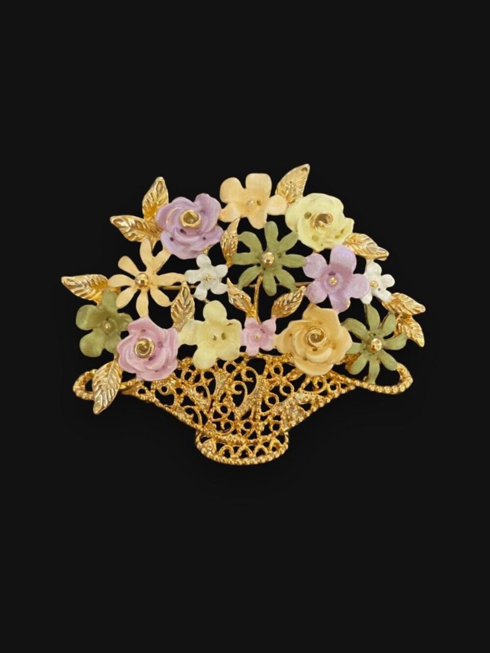 vintage 60s cottagecore pastel purple, yellow & green flower basket bouquet gold